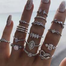 15pcs Open Water Drop Joint Rings Hollow Rhinestone Heart Rings Jewelry Set - Silver - View 3