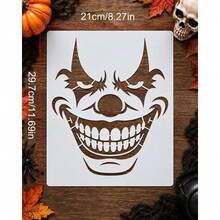 1pc Halloween Scary Clown Face PET Hollow Stencil, Reusable & Washable, One Spray One Brush Instantly Transform Into Spooky Party Scene, Versatile For Wall/Pumpkin/Wooden Decor, Must-Have Funny DIY Tool For Beginners - Sets - View 3