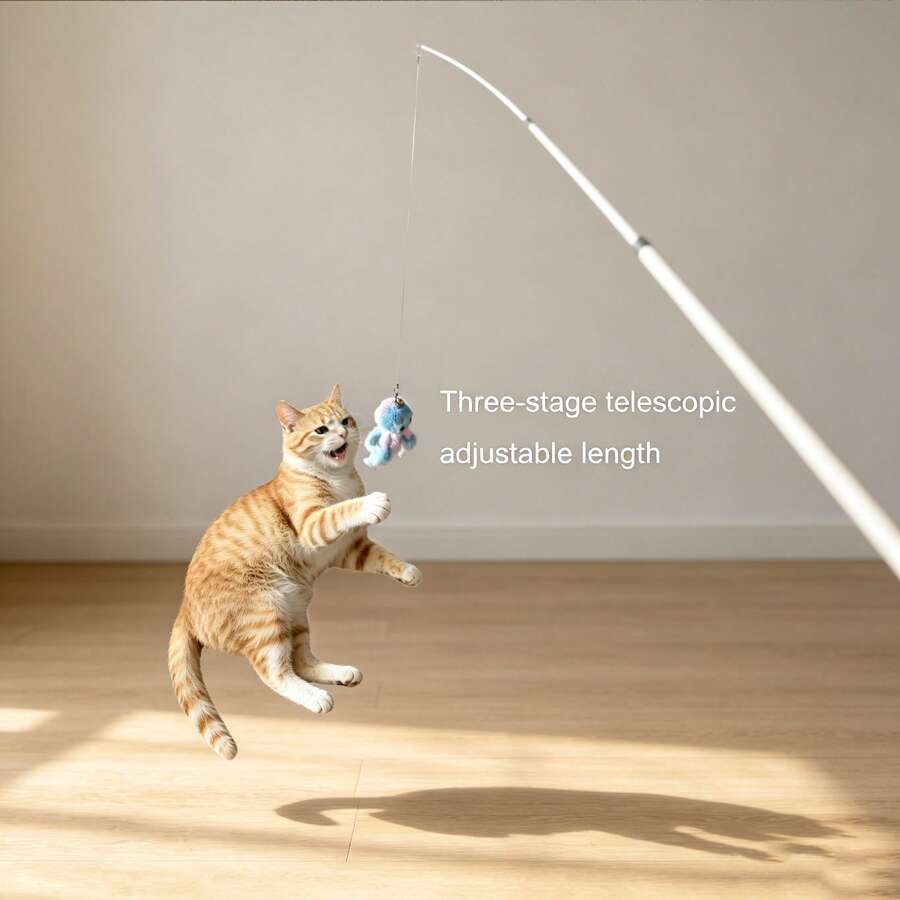 Retractable Cat Teaser Wand With Plush Octopus Replacement Head, Long Pole Durable Bite-Resistant Interactive Cat Toy With Bell - View 1