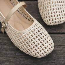 Women's Breathable Hollow Woven Single Strap Buckle Solid Color Square Toe Flat Mary Jane Shoes, Vintage Style, Daily Commute, Spring/Summer, Beige, Low Vamp - Apricot - View 8