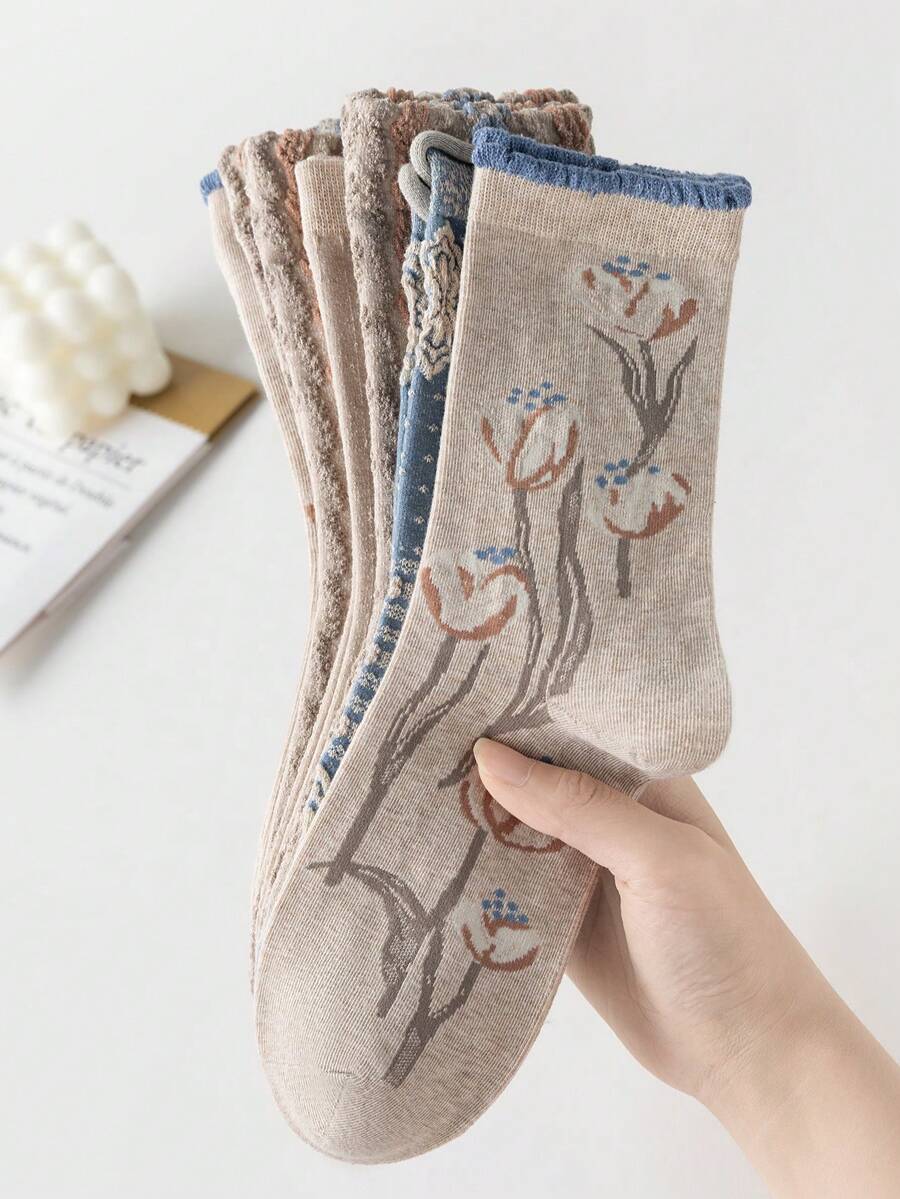 4 Pairs Women's Mid-Calf Socks, Early Autumn New Vintage 3D Floral Embossed Textured Long Socks, Artistic Girl Slouch Socks, Random Assortment - Multicolor - View 1