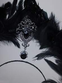 1pc Gothic Black Feather Halo Crown Headband Dark Angel Rhinestone Pendant Floral Wreath Halloween Cosplay Party Hair Accessory - Black - View 3