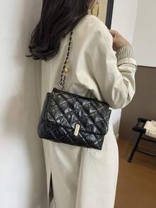 1件純色刺繡菱格紋便攜翻蓋時尚優雅單肩斜跨包，適合女性日常使用 - 黑色 - 查看 5