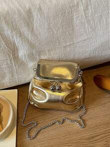 Premium Textured Metal Gold Clasp Mini Bag, Soft Pleated Chain Crossbody Evening Handbag - Gold - View 4