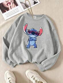 Disney Plus Size Women's Casual Cool Stitch Print Street Style Autumn/Winter Crew Neck Long Sleeve Sweatshirt - Grey - View 2