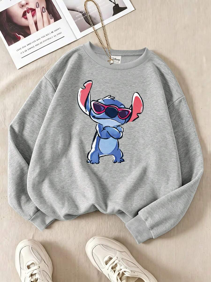 Disney Plus Size Women's Casual Cool Stitch Print Street Style Autumn/Winter Crew Neck Long Sleeve Sweatshirt - Grey - View 1
