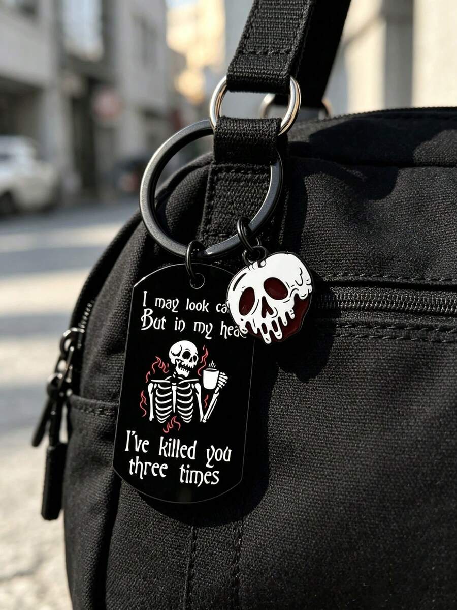 1pc Halloween Skull Dog Tag Keychain, Funny Coffee Quote Enamel Pendant, Black Key Ring, Car Bag Charm, Halloween Gift - Multicolor - View 1