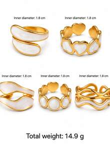 5pcs Women's Gold & White Pearlescent Ring Set, Heart, Round, Wave & Asymmetrical Geometric Open Rings, Luxury Vintage Versatile Jewelry, Suitable For Daily Commute, Dating, Party & Holiday Gift - Gold - View 4