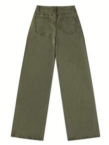 Women's Olive Green Wide Leg Denim Jeans Casual High Waist Long Pants With Pockets, Medium Stretch, Suitable For Autumn Winter Spring Outfits - Green - View 7