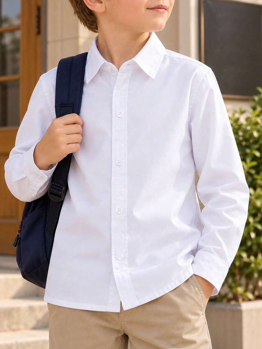 Young Boy Classic College Style Casual Party Floral Pocket Patchwork Formal Dress Shirt, White, Long Sleeve - White - View 1