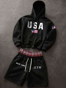 Amerikansk High Street USA sweatshirtset för herrar med bokstavs- och flaggmönster, rutiga patchworkshorts med dubbel midja och dragsko, avslappnad 2-delad outfit - Svart - Visa 3