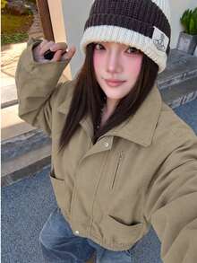 American Vintage Casual Stand Collar Flight Jacket, Street Style Loose Fit Solid Color Outerwear For Women Autumn/Winter - Khaki - View 4