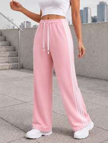 Women Wide Leg Track Pants Elastic Drawstring Waist Four Side Stripes Casual Athletic Pants For Training Daily Wear. - Pink - View 1