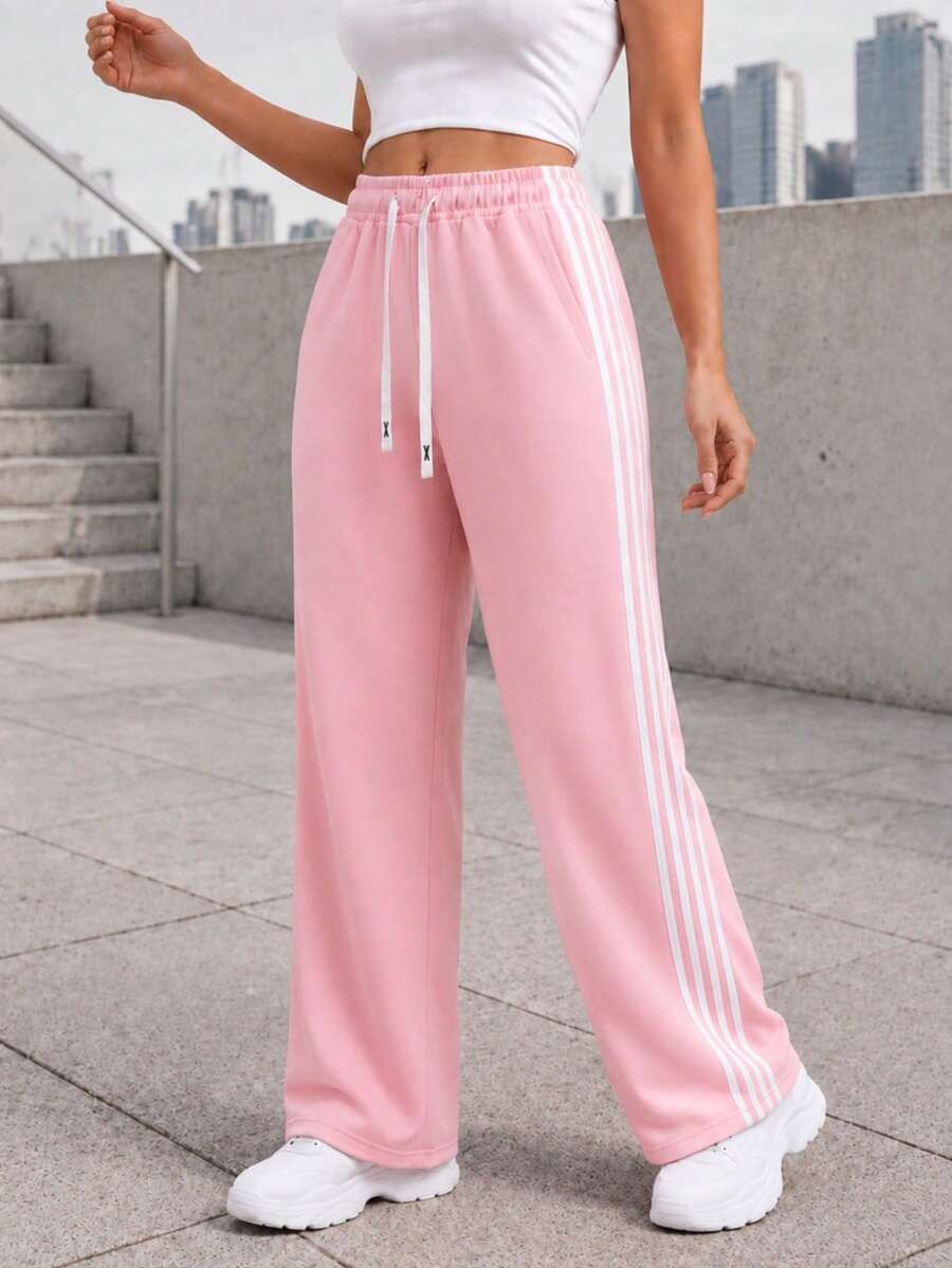 Women Wide Leg Track Pants Elastic Drawstring Waist Four Side Stripes Casual Athletic Pants For Training Daily Wear. - Pink - View 1