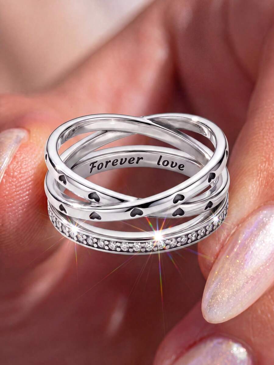 1pc 925 Sterling Silver Heart Full Rhinestone Cross Ring, Women's Style, Suitable For Daily Wear And Party Accessory, High-Quality Exquisite Jewelry Gift