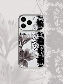 1pc Silver Lace Ink Lily Pattern Full Camera Protection Anti-Drop Anti-Collision Personalized Phone Case Compatible With IPhone 16 Pro Max/18/17/16/15/14/13/12/11/Air - Multicolor - View 1