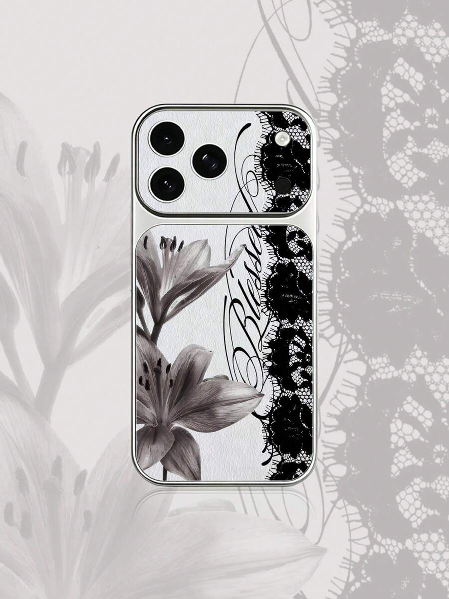 1pc Silver Lace Ink Lily Pattern Full Camera Protection Anti-Drop Anti-Collision Personalized Phone Case Compatible With IPhone 16 Pro Max/18/17/16/15/14/13/12/11/Air - Multicolor - View 1