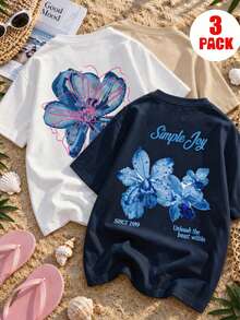 Set de 3 piezas Camiseta de manga corta con estampado floral y de mango para niña preadolescente, adecuada para el verano, estudiante joven - Multicolor - Ver 1