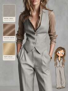 Elegant Women's Suit Set, V-Neck Button Front Vest With Pleated Long Pants, Suitable For Autumn Office Business Casual, Women's 2-Piece Set - Off-white - View 2