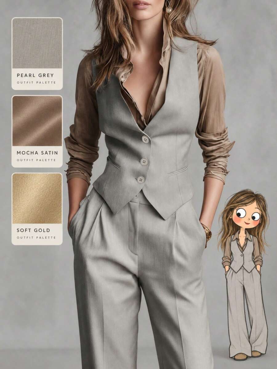 Elegant Women's Suit Set, V-Neck Button Front Vest With Pleated Long Pants, Suitable For Autumn Office Business Casual, Women's 2-Piece Set