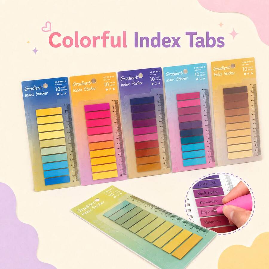 10-Color Gradient PET Fluorescent Index Tabs With Ruler, Transparent Hand-Writable Reading Note Marker Classification Sticky Notes, Ins Style - one-size - View 1