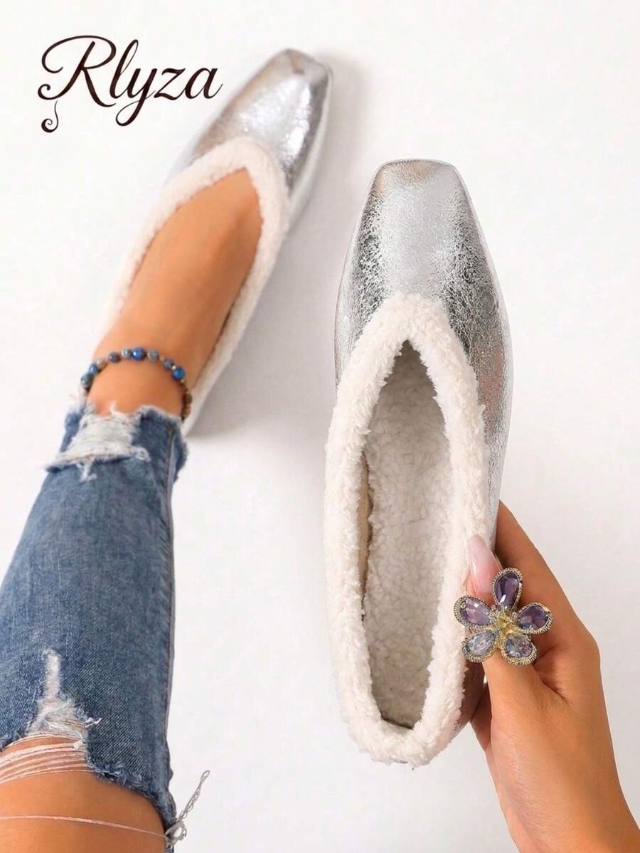 rlyza Women's Thermal Lined Square Toe Low Vamp Retro Fuzzy Trim Flats, Comfortable Warm Commuter Slip-On Fur Shoes - Silver - View 1