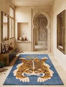 1PC Blue Background Orange-Brown Tiger Animal Totem Pattern Traditional Middle Eastern Style Carpet, Vintage Exotic Folk Style Faux Cashmere Tiger Skin Outline Tiger Stripe Detail With White Border Feature Machine Washable Area Rug, Suitable For Living Room Bedroom All Season Home Decor - Multicolor - View 2