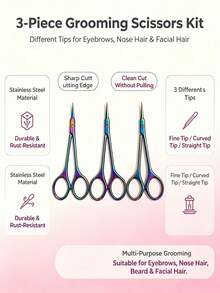 JSS. 3 Packs Iridescent Eyebrow Trimming Scissors, Sharp Stainless Steel Facial Hair Scissors, Women Beauty Grooming Kit With Protective Covers - Multicolor - View 5