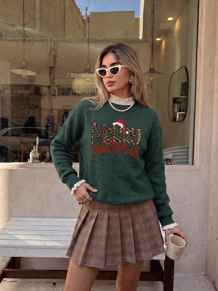 Merry Christmas Print Women's Casual Fashion Warm Faux Knit Top, Casual Long Sleeve Drop Shoulder Pullover, Autumn/Winter Basic Loose Warm Top, Outing Top - Green - View 1