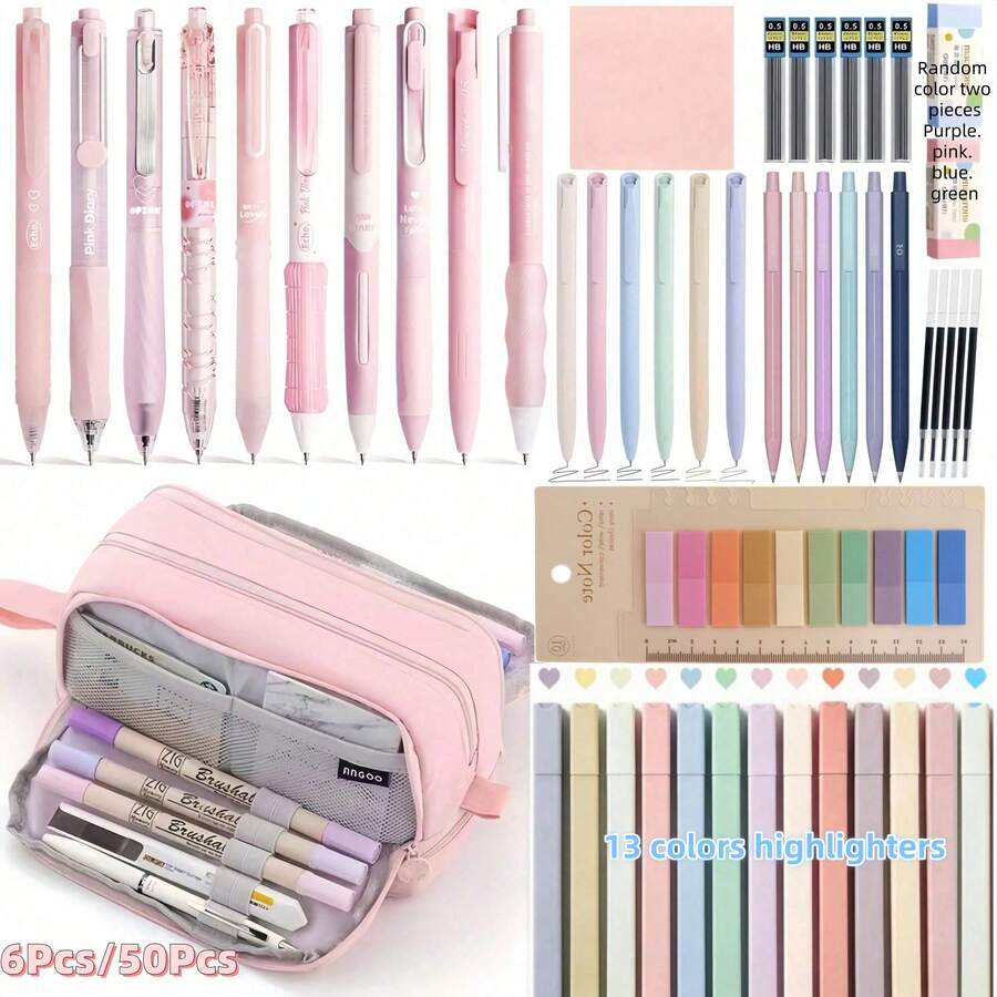6Pcs/50Pcs Luxury School Supplies Set, Includes 13 Highlighters, 10 0.5mm ST Tip Black Ink Gel Pens, 6 Mechanical Pencils, Sticky Notes, And A Complete Set Of Essential Stationery For Students. - Stationery Set - View 1