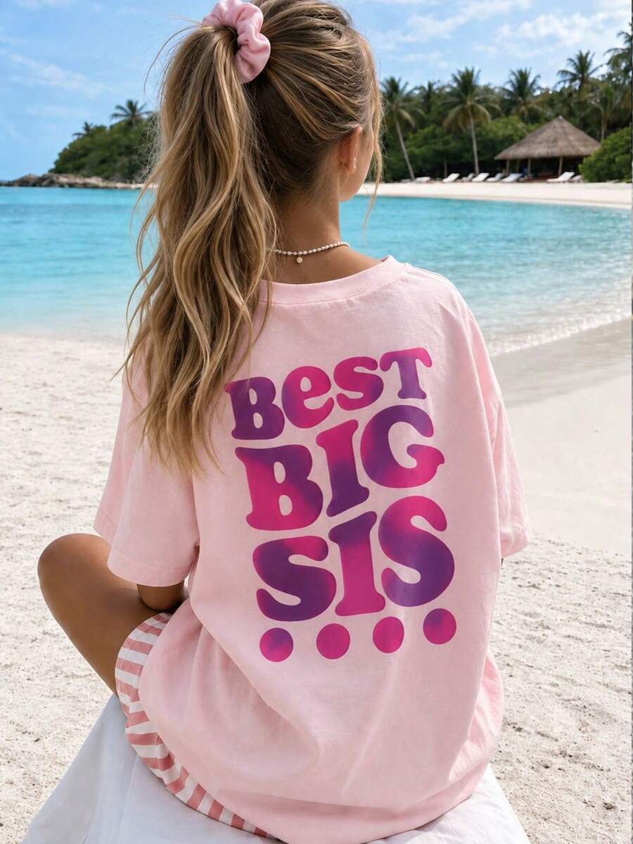 1pc Tween Girl Casual Printed Pullover Pink Short Sleeve T-Shirt, Student Comfortable And Fashionable Summer Top - Pink - View 1