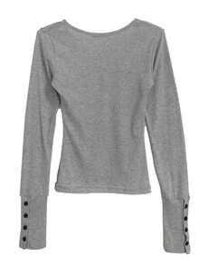 Button V-Neck Fitted Long Sleeve T-Shirt With Cinched Waist And Cold Shoulder Design, Versatile Top - Light Grey - View 2