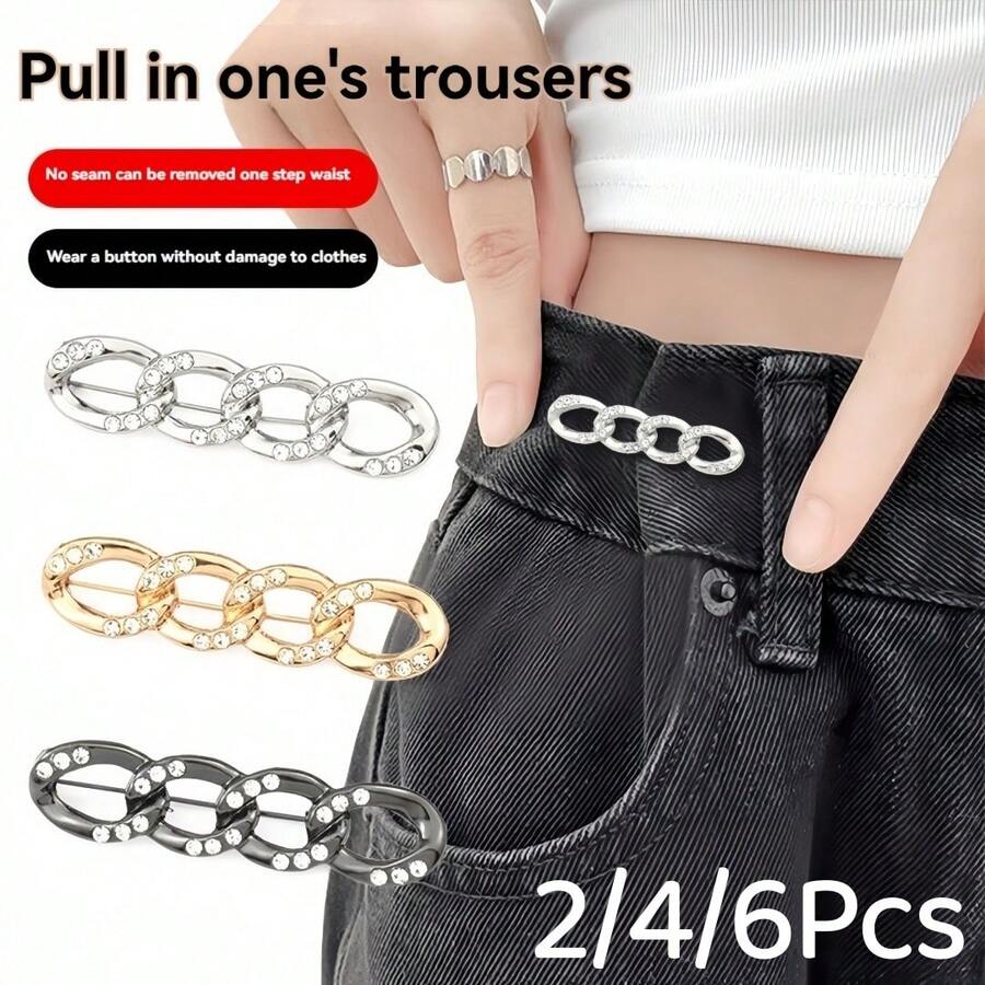 2/4/6Pcs Rhinestone Chain Waist Button Extender For Jeans, Metal Seamless Snap Fastener, Suitable For Loose Jeans, Adjustable And Detachable Pin, Black, Gold, White, Suitable For Women's Pants And Skirts