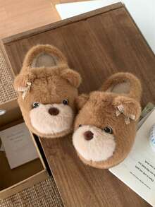 XIXITIAO Cute Big‑Eye Bear Fuzzy House Slippers, Warm Plush Couple Winter Cozy Indoor Home Slippers - Yellow-brown - View 9