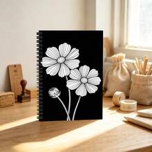 Minimalist White Floral Pattern A5 Spiral Bound Notebook, Black Cover Line Writing Diary, School And Office Stationery, Daily Journal Planner - Floral - Minimalist - View 2