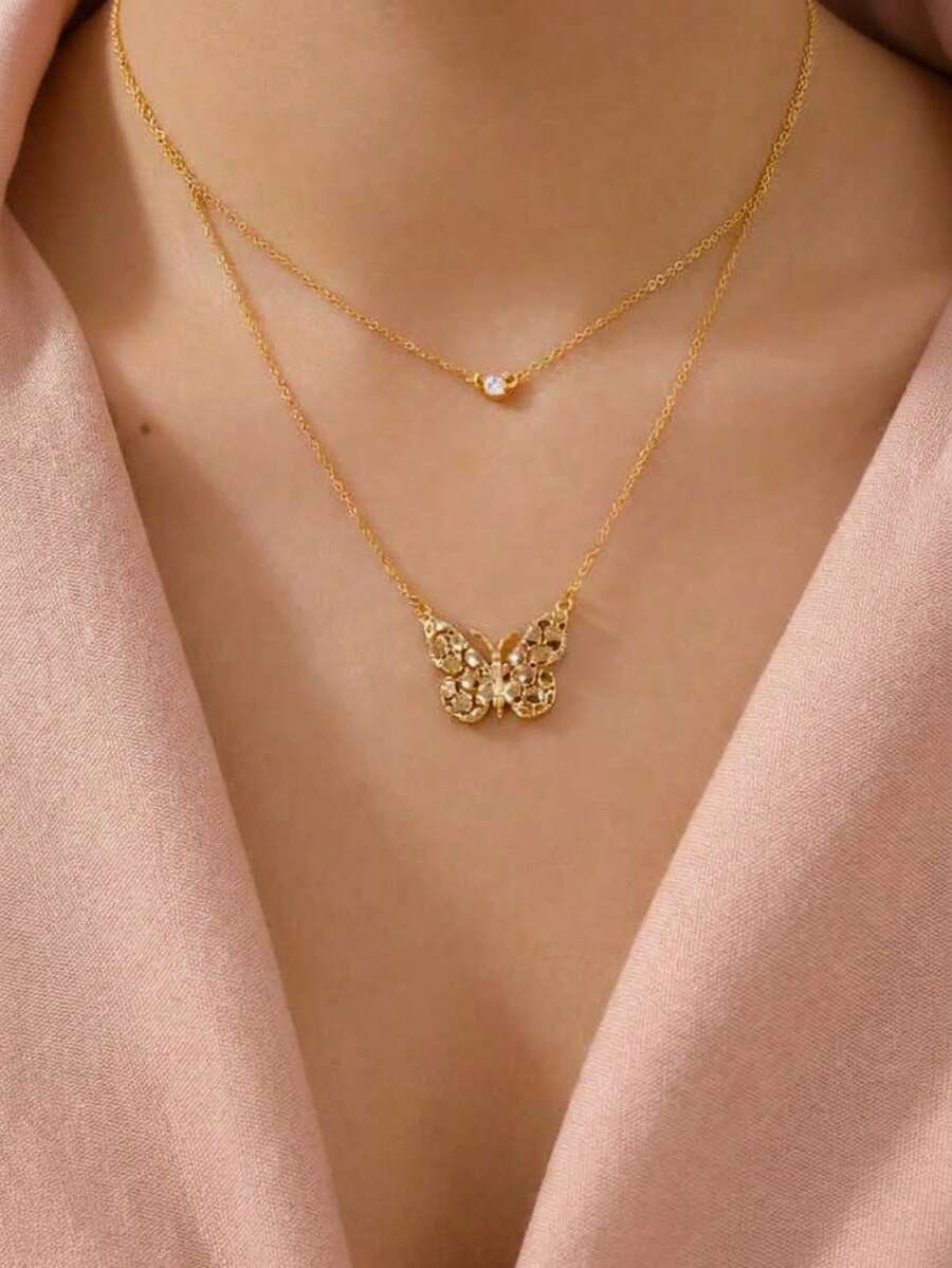 金色雙層蝴蝶項鍊，優雅可愛，適合日常配戴與派對，聖誕節、母親節、女友禮物