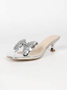 Glam Bridal Silver Metallic Glitter Rhinestone Butterfly Clear PVC Slip‑On Mule Heels, Square Toe Flared Mid‑Heel Slide Sandals For Evening Party - Silver - View 9