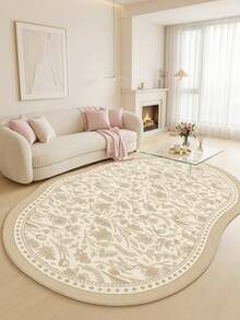 1PC Beige Khaki Botanical Floral Line Pattern French Country Vintage Rug, Fresh Elegant Style Faux Cashmere Asymmetrical Wavy Oval Shape Full Coverage Floral Vine & Diamond Wave Border Details Machine Washable Area Carpet, Suitable For Living Room Bedroom Balcony, All Season Home Decor - Multicolor - View 1