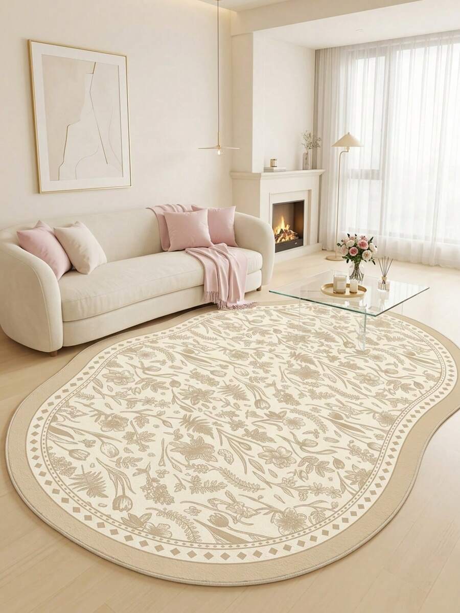 1PC Beige Khaki Botanical Floral Line Pattern French Country Vintage Rug, Fresh Elegant Style Faux Cashmere Asymmetrical Wavy Oval Shape Full Coverage Floral Vine & Diamond Wave Border Details Machine Washable Area Carpet, Suitable For Living Room Bedroom Balcony, All Season Home Decor - Multicolor - View 1