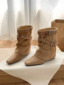 French Blogger Style Pointed Toe Wide Shaft Knee-High Boots, Nordic Kitten Heel Riding Boots For Women - Khaki - View 6
