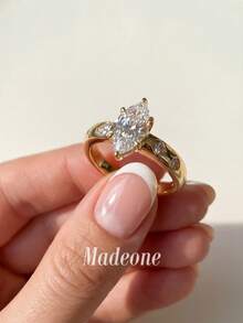 MADEONE 1件優雅馬眼形鋯石鑲嵌戒指，光滑拋光表面，女性日常配戴或訂婚禮物 - 金色 - 查看 2