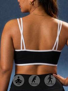 Women's Plus Size Seamless Knit Contrast Color Comfortable Removable Padded Spaghetti Strap Camisole, Suitable For Yoga, Fitness, Daily Wear - Black - View 3