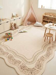 1PC Beige Khaki Vintage Vine Border Pattern French Palace Classical Carpet, Elegant Vintage Style Faux Cashmere Asymmetrical Wavy Rectangular Shape, Intricate Corner Floral Vine And Multi-Layer Wavy Frame Details, Machine Washable Area Rug, Suitable For Living Room, Bedroom, Balcony, All Season Home Decor - Multicolor - View 5