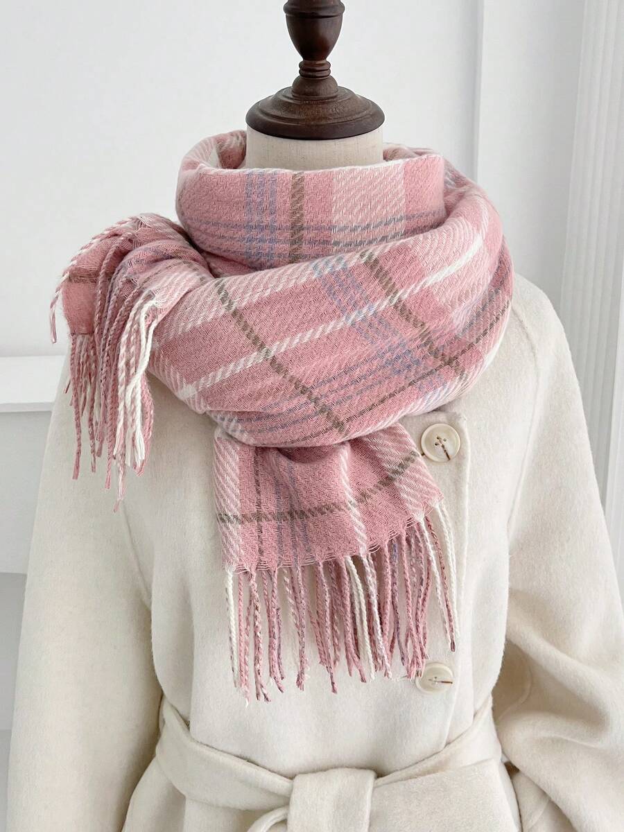 1pc Plaid Casual Polyester Scarf, Autumn/Winter - #2 Pink - View 1