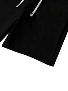 Amerikansk High Street USA sweatshirtset för herrar med bokstavs- och flaggmönster, rutiga patchworkshorts med dubbel midja och dragsko, avslappnad 2-delad outfit - Svart - Visa 9
