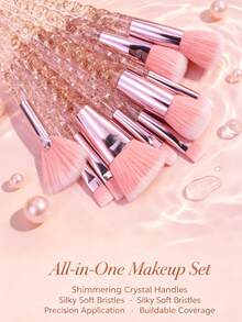 10pcs Professional Makeup Brush Set Pink Crystal Handle Foundation Brush Powder Brush Eyeshadow Brush Beginner Portable Full Set Makeup Tools - Multicolor - View 3