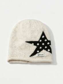 1pc Women's Autumn/Winter New Knit Beanie Hat, Large Head Circumference, Face-Slimming, Warm, Black Slouchy Hat With Five-Point Star Design - Multicolor - View 14