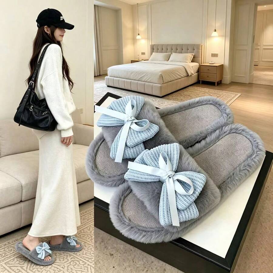 Women Fuzzy Plush Slide Slippers, Waffle Bow Decor Open‑Toe Soft Warm Indoor Bedroom House Slippers - Grey - View 1
