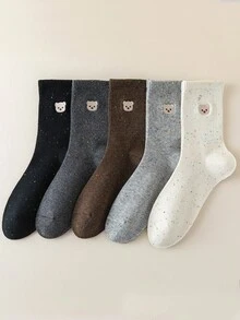 1 Đôi/5 Đôi tất nữ dày cổ trung mùa thu/đông họa tiết gấu hoạt hình đa năng - Nhiều màu - Xem 9