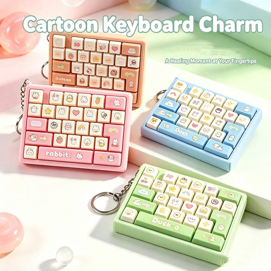1pc Cartoon Animal Mini Keyboard Fidget Keychain, Rabbit Dog Duck Bear Pattern Mechanical Sound Press Keycap Sensory Toy, Metal Key Ring Bag Charm Pendant, Stress Relief Decompression Toy For Kids Teens Girls